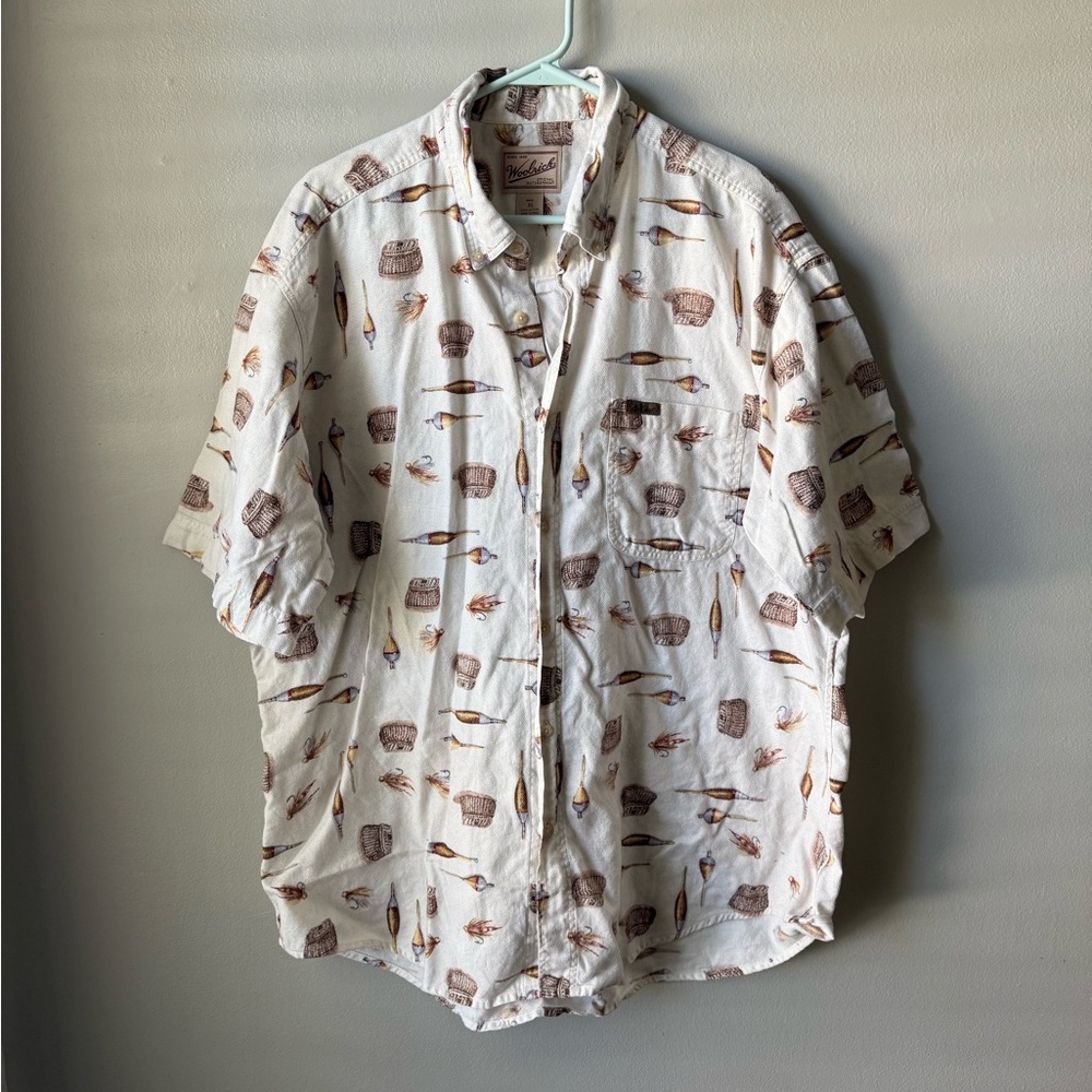 Woolrich Men’s Fishing Print Button-Up Shirt XL | Short Sleeve Button Up Shirt